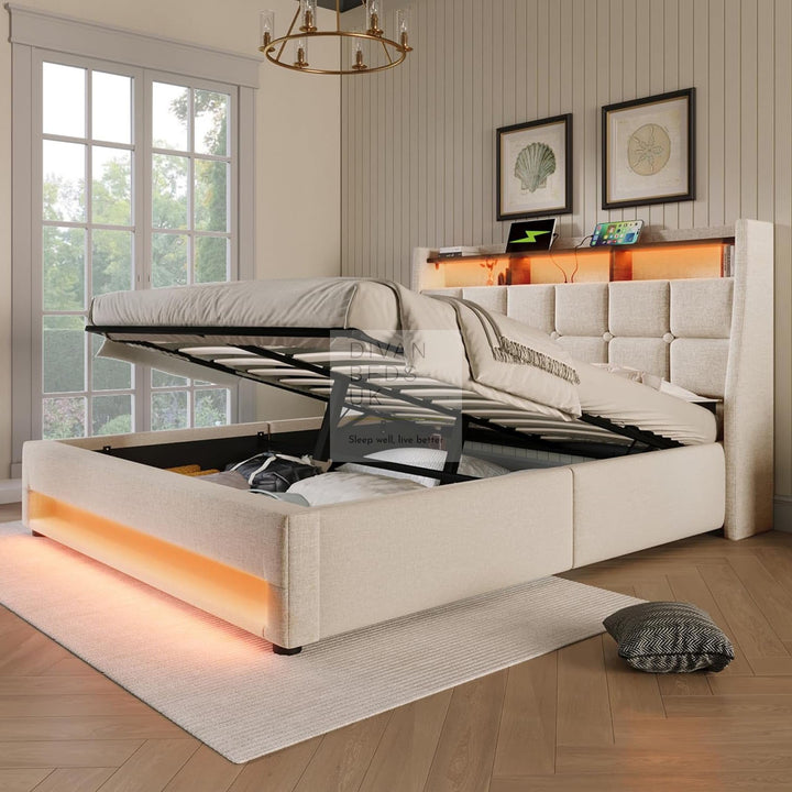Solana Beige Linen Ottoman Storage Smart Bed with Type C, USB & Wireless Charging Headboard Shelves