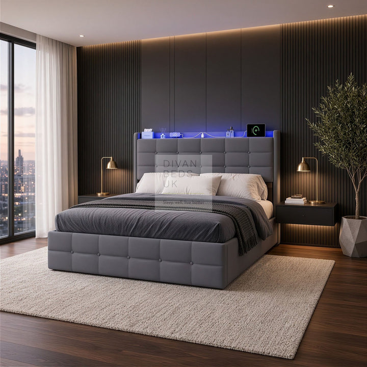 Vicente 4 Drawer Soft Grey Velvet Smart Bed with LED Lights, Type C and USB Charging Adjustable Headboard Shelf
