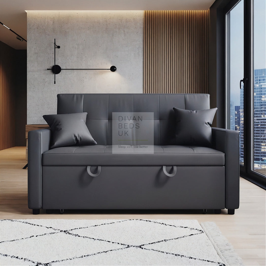 Santana Ash Grey Leather Daybed Sofa Bed Couch with Sidepockets & 2 Matching Pillows