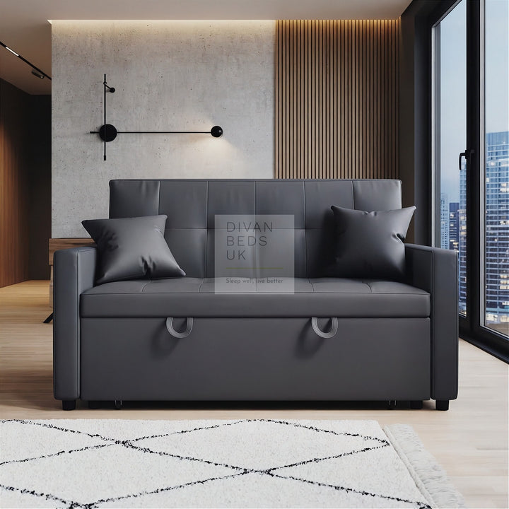 Santana Ash Grey Leather Daybed Sofa Bed Couch with Sidepockets & 2 Matching Pillows