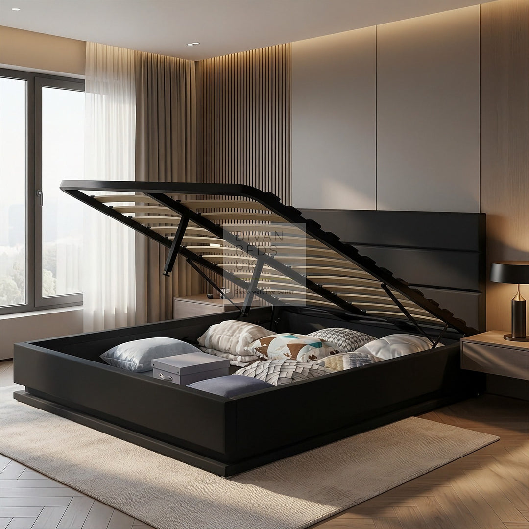 Averie LED Black Leather Ottoman Gas Lift Storage Smart Bed
