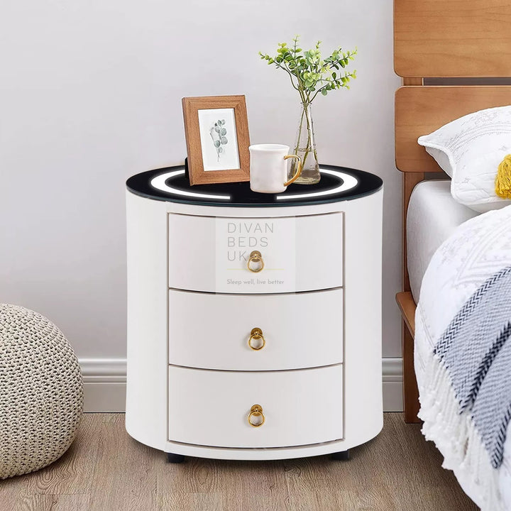 Adrastea Round 3 Drawer White Leather Smart LED Bedside Table with Wireless Charging