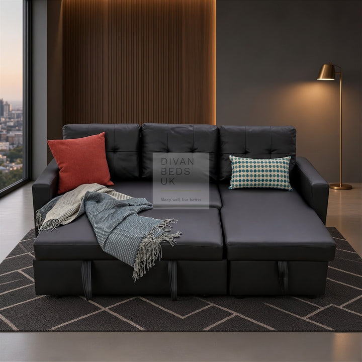 Sarai Black Leather 4 Seater Ottoman Storage Corner L Shape Sofa Bed with Pull-Out Trundle