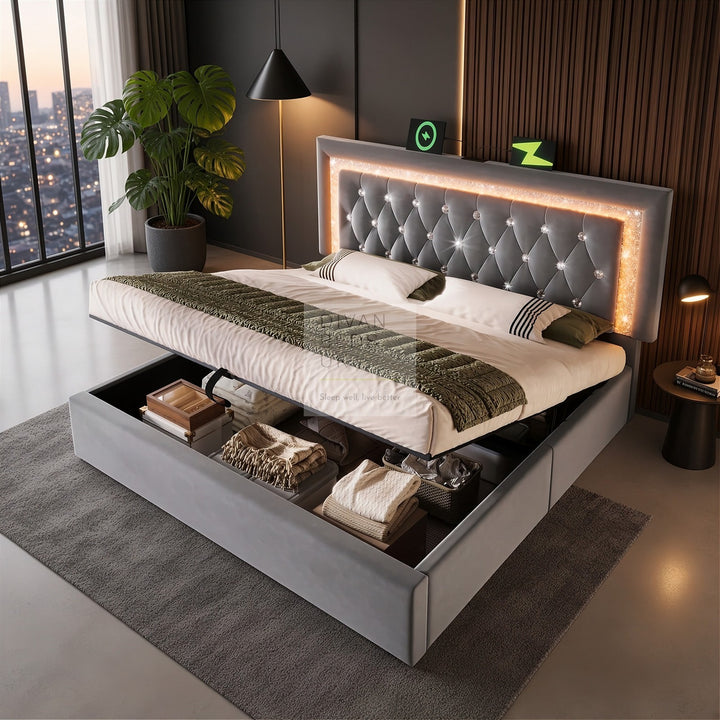 Adela Grey Velvet Diamante Crystal Bed Ottoman Storage Smart Bed with Glitter LED Lights, USB and Type-C Charging