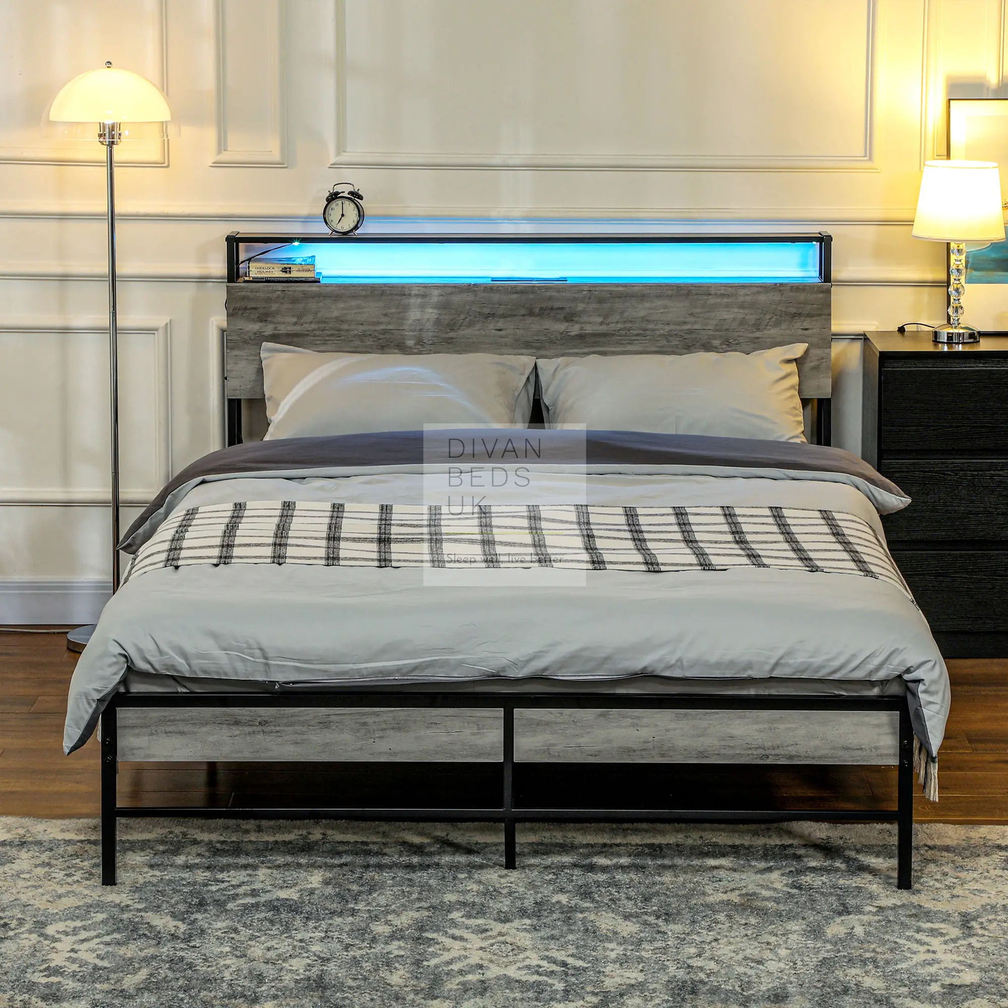 Metal Divan Henry Metal Grey Divan Bed with LED Headboard, Shelves, Sockets and US ...