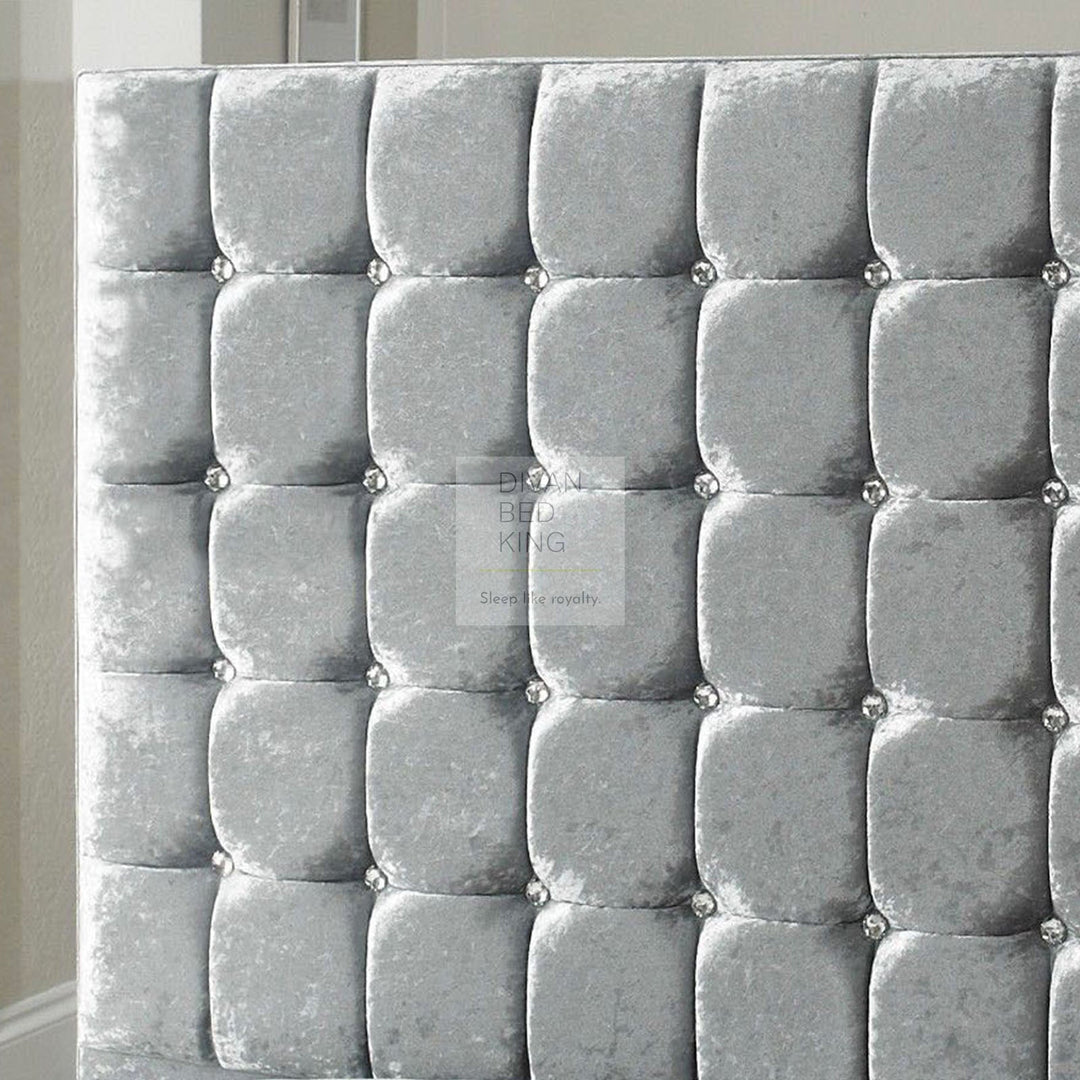 Elmira Cube Design Grey Crushed Velvet Floor Standing Divan Bed Headboard