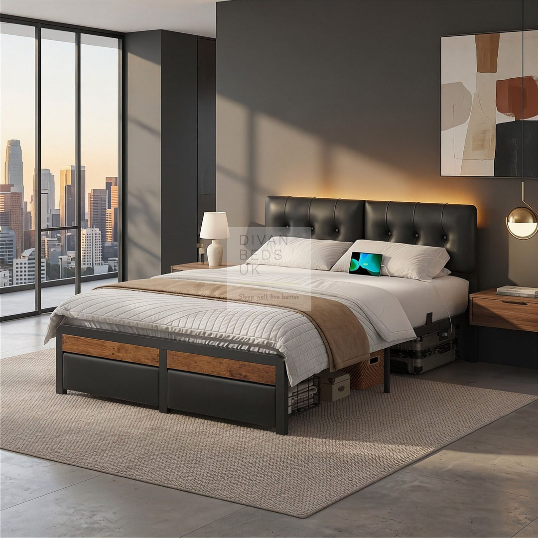 Julius Black Leather 2 Drawer Storage Smart Bed with LED Lighting, USB and Type-C harging