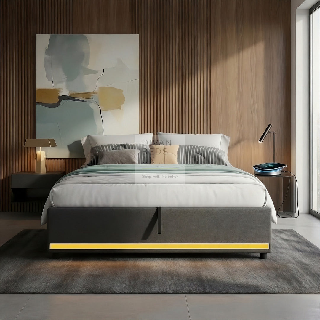 Castanea Smart LED Grey Linen Ottoman Gas Lift Storage Bed Base with USB Type C Charging Ports