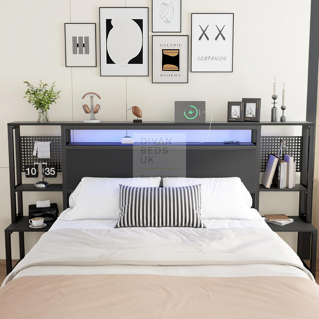 Zentiva LED Black Smart Bed with Integrated Bedside Tables, Charging Station with USB and Type C
