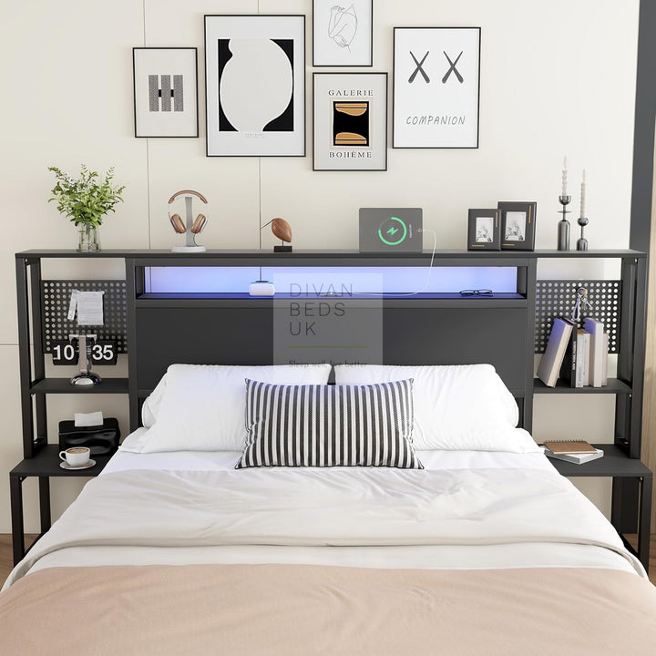 Zentiva LED Black Smart Bed with Integrated Bedside Tables, Charging Station with USB and Type C