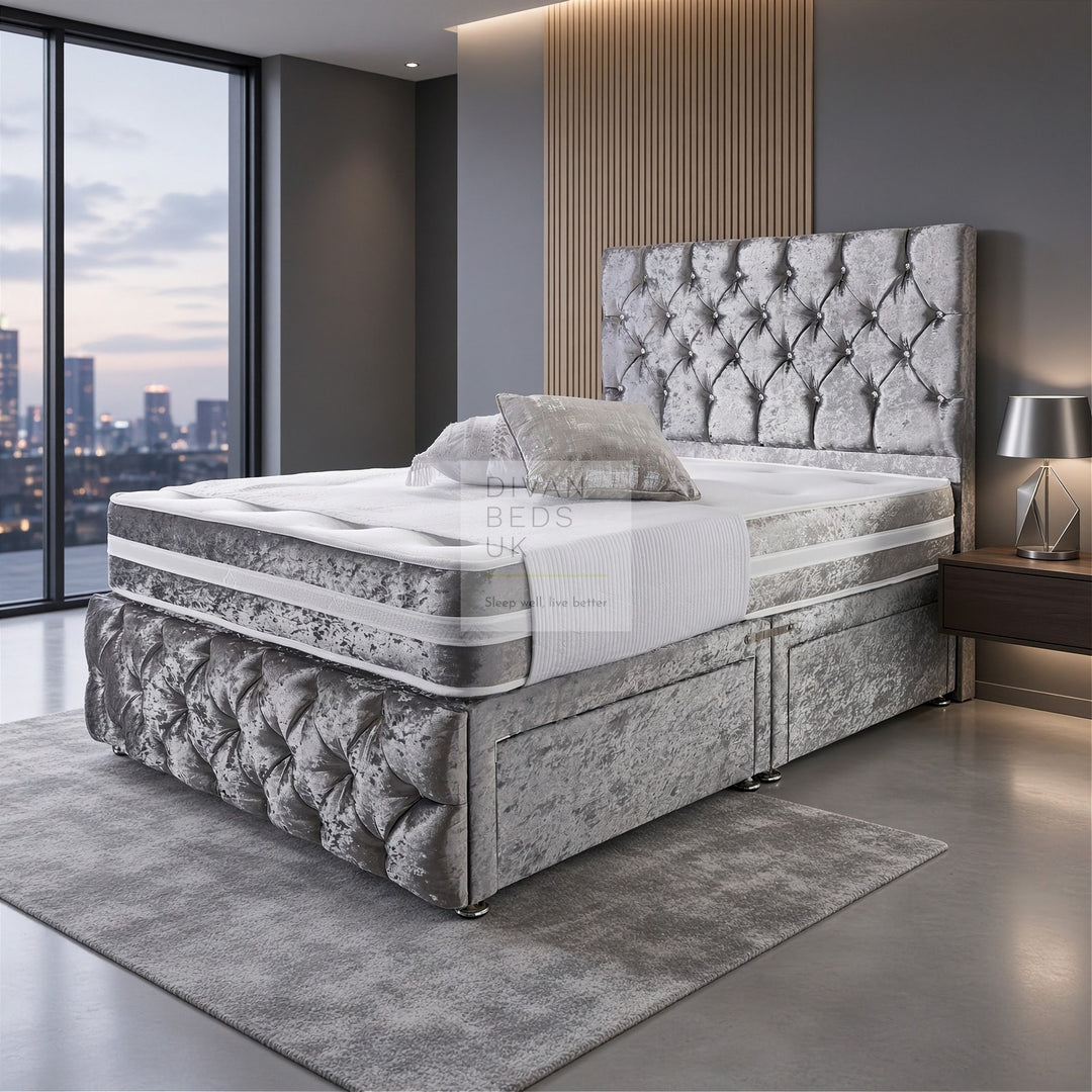 Belmont Silver Crushed Velvet Divan with Airflow Spring Memory Mattress