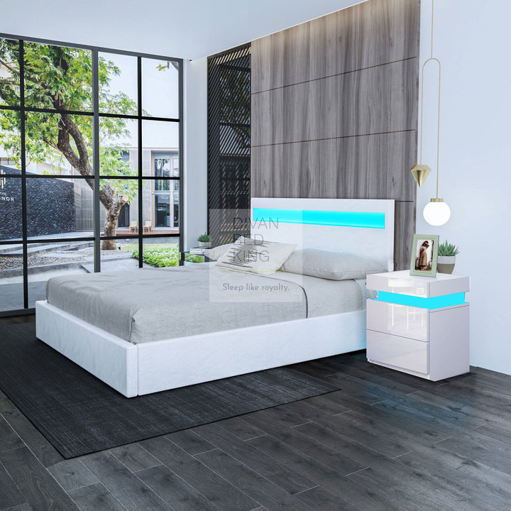 Pia White Leather LED Ottoman Gas Lift Storage Bed