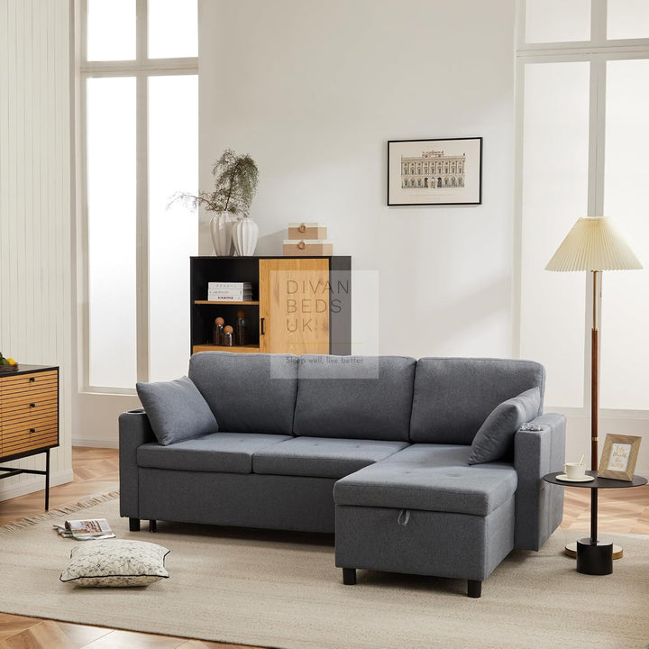 Downtown Grey Linen 4 Seater Ottoman Storage Corner Sofa Bed with Trundle