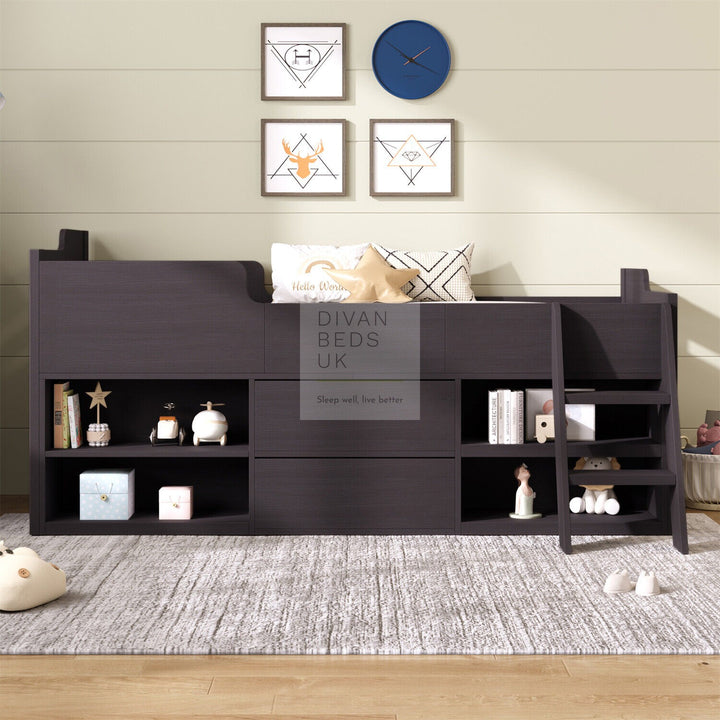 Zenda Black Wooden Cabin Mid Sleeper Bed Storage with Drawers and Shelves
