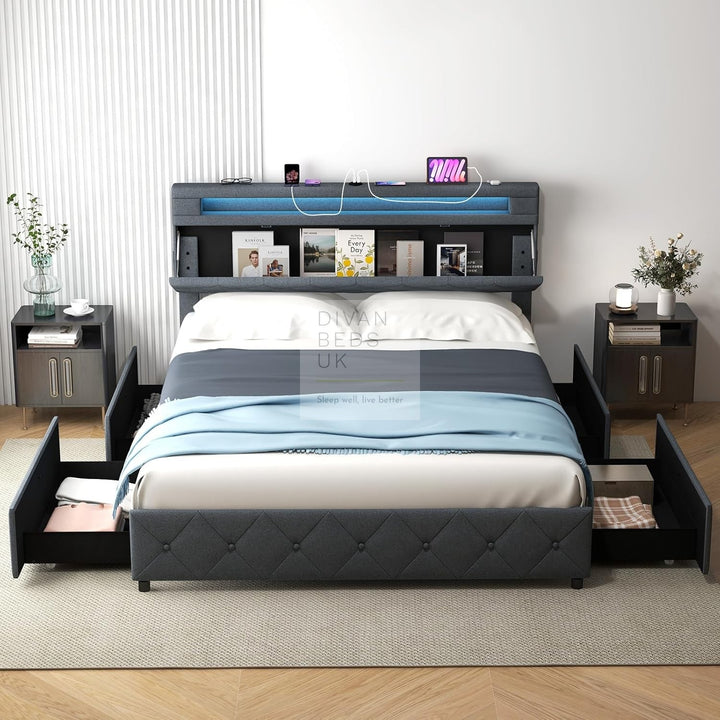 Cynthia 4 Drawer Charcoal Linen Smart Bed with Storage Headboard, LED Lights & USB Charging