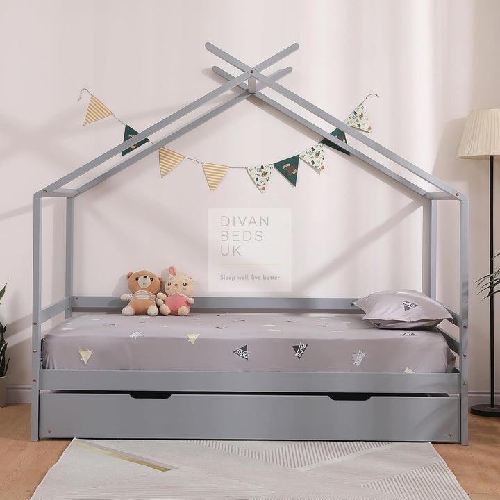 Cabrera Grey Wooden Treehouse Canopy Bed with Trundle Option Childs Kids