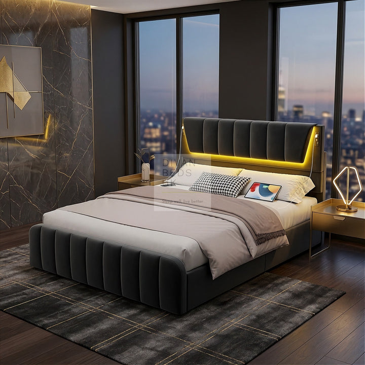 Kamari Ottoman Storage Grey Plush Velvet Smart Bed with with LED Lights, USB and Type-C Charging