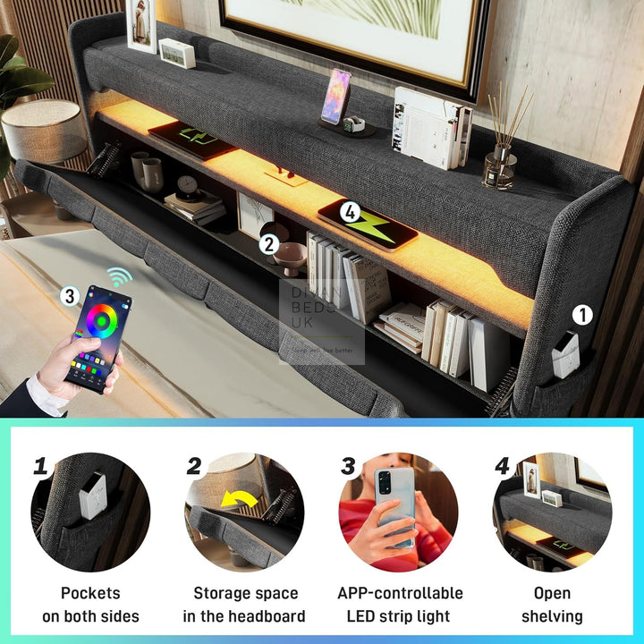 Rylie Grey Linen Wingback Ottoman Storage Smart Bed with Type C, USB & Wireless Charging Headboard Shelves