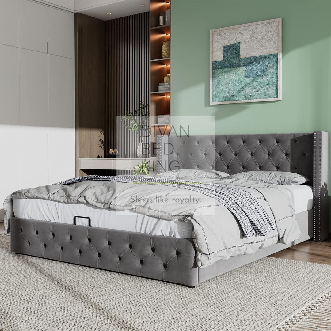 Harlow Grey Plush Velvet Wingback Ottoman Storage Bed Frame