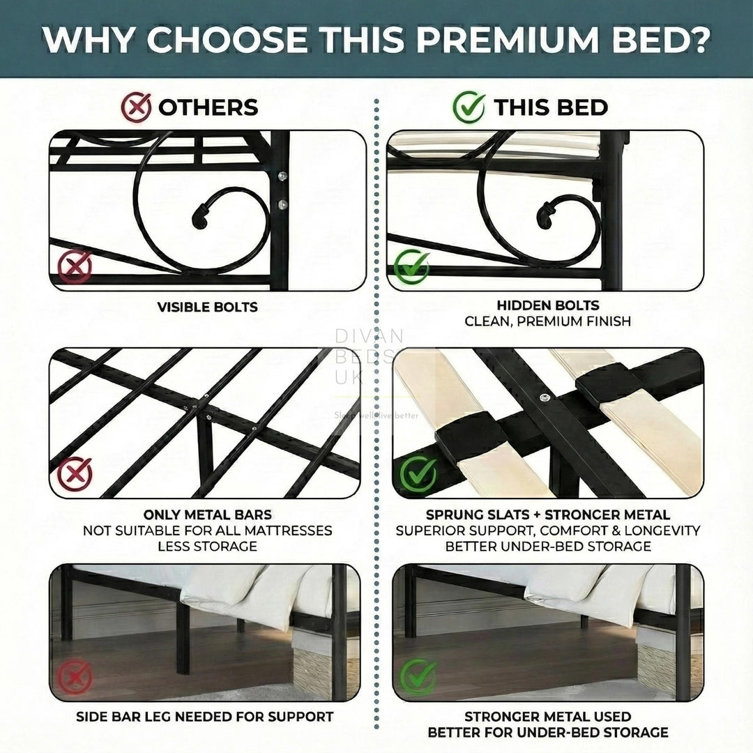 Rosella Crystal Finial Black Metal Bed with Footboard and Optional Drawers