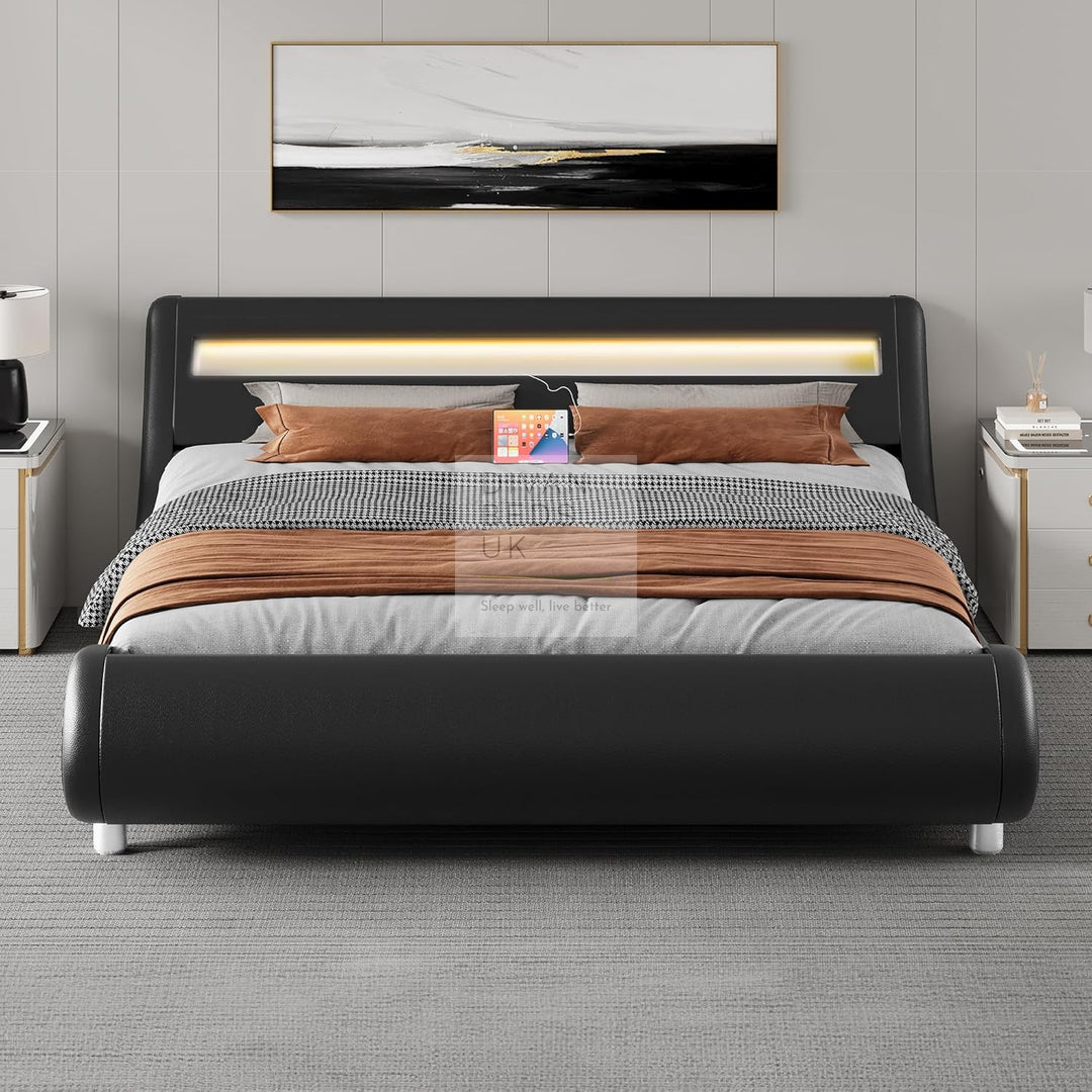 Volo Italian Modern LED Black Leather Bed with Power Outlet, USB & Type C Charging