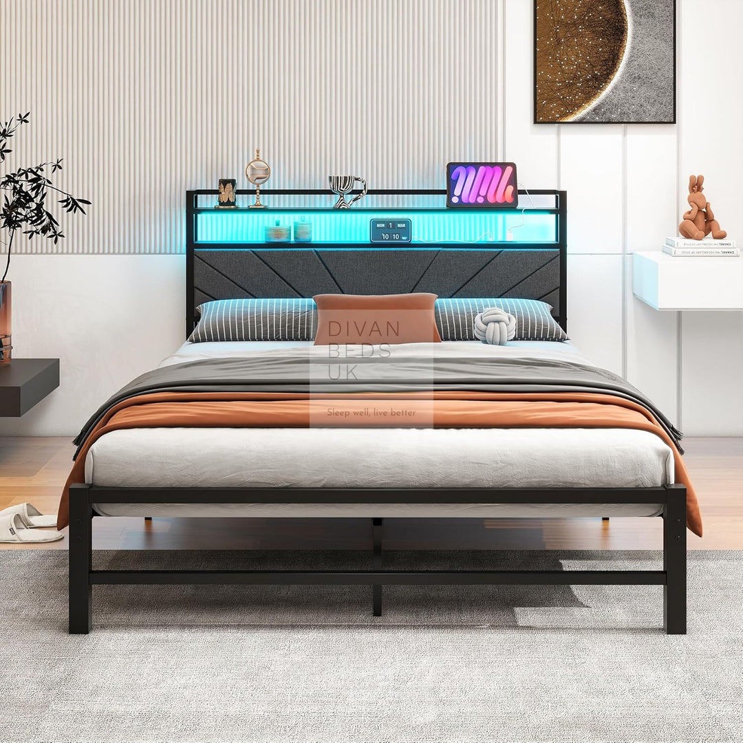 Cesena Grey Linen Smart Metal Bed with Storage LED Headboard, Shelves, Power Outlet, USB Charging & Optional Drawers