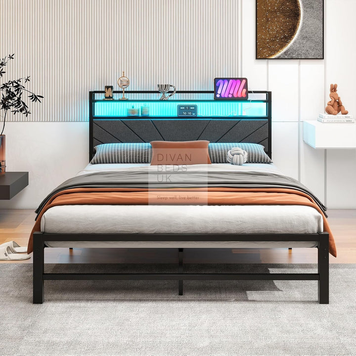 Cesena Grey Linen Smart Metal Bed with Storage LED Headboard, Shelves, Power Outlet, USB Charging & Optional Drawers