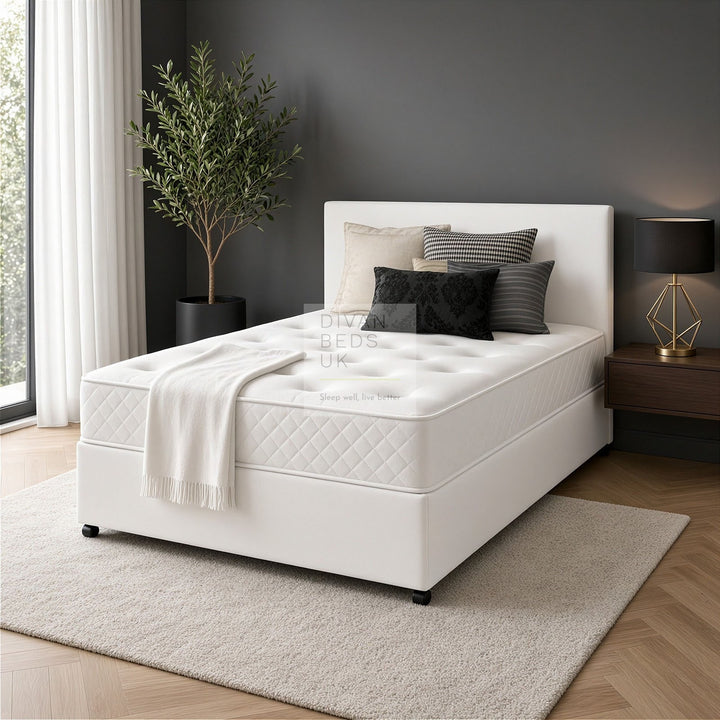 Arlington White Leather Divan Bed with Cooling Gel Spring Memory Mattress Options