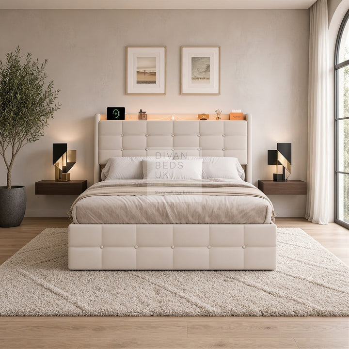 Vicente 4 Drawer Soft Beige Velvet Smart Bed with LED Lights, Type C and USB Charging Adjustable Headboard Shelf