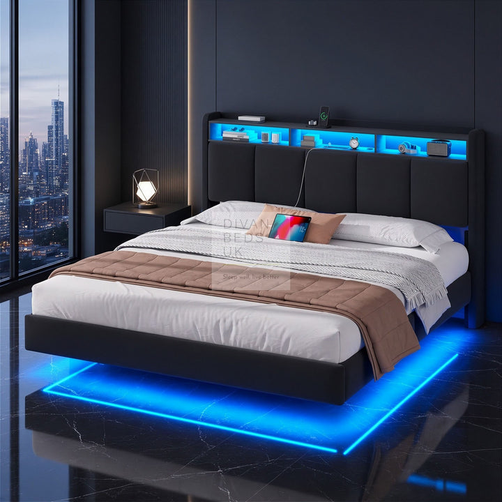 Houston Smart Metal Floating Bed with Grey Linen Padded Storage Headboard, LED Lights, Plug Sockets, USB &amp; Type C Charging Station