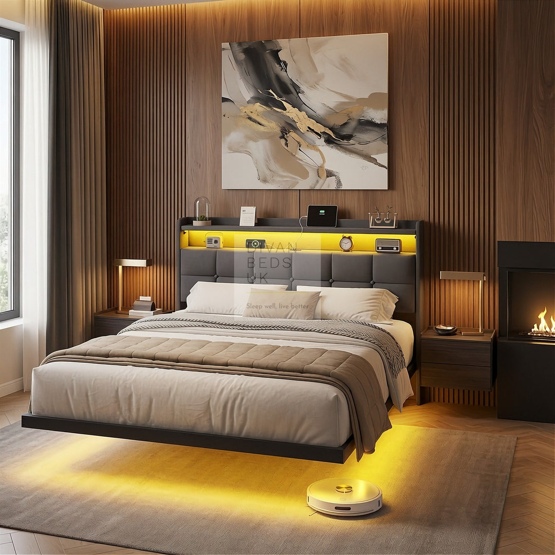 Houston Smart Metal Floating Bed with Grey Linen Padded Storage Headboard, LED Lights, USB & Type C Charging Station