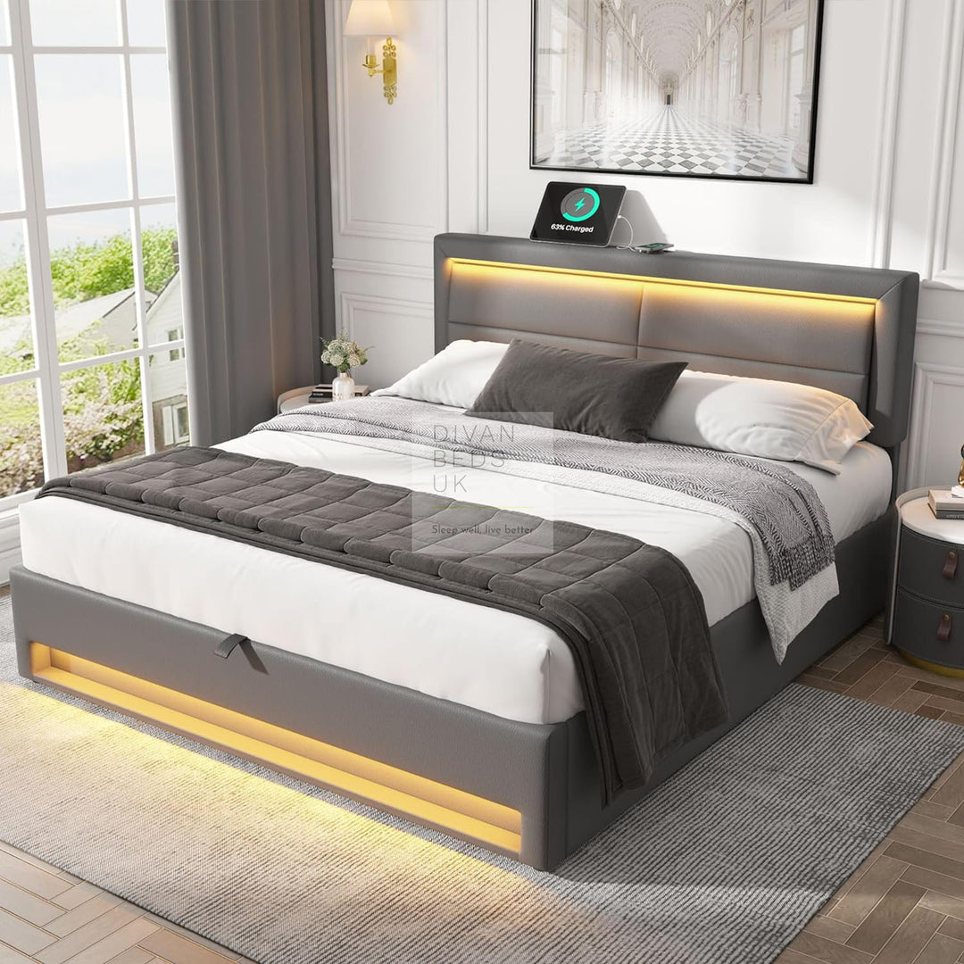 Iris Grey Leather Smart Ottoman Bed with LED Lighting, Type C, USB and Wireless Charging