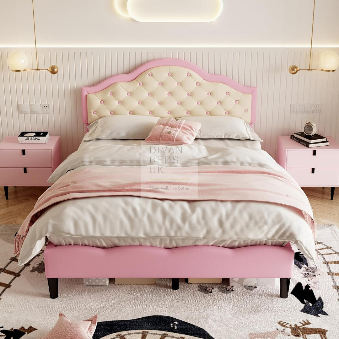 La Ville Rose Chesterfield Pink Beige Plush Bed Frame with Adjustable Headboard