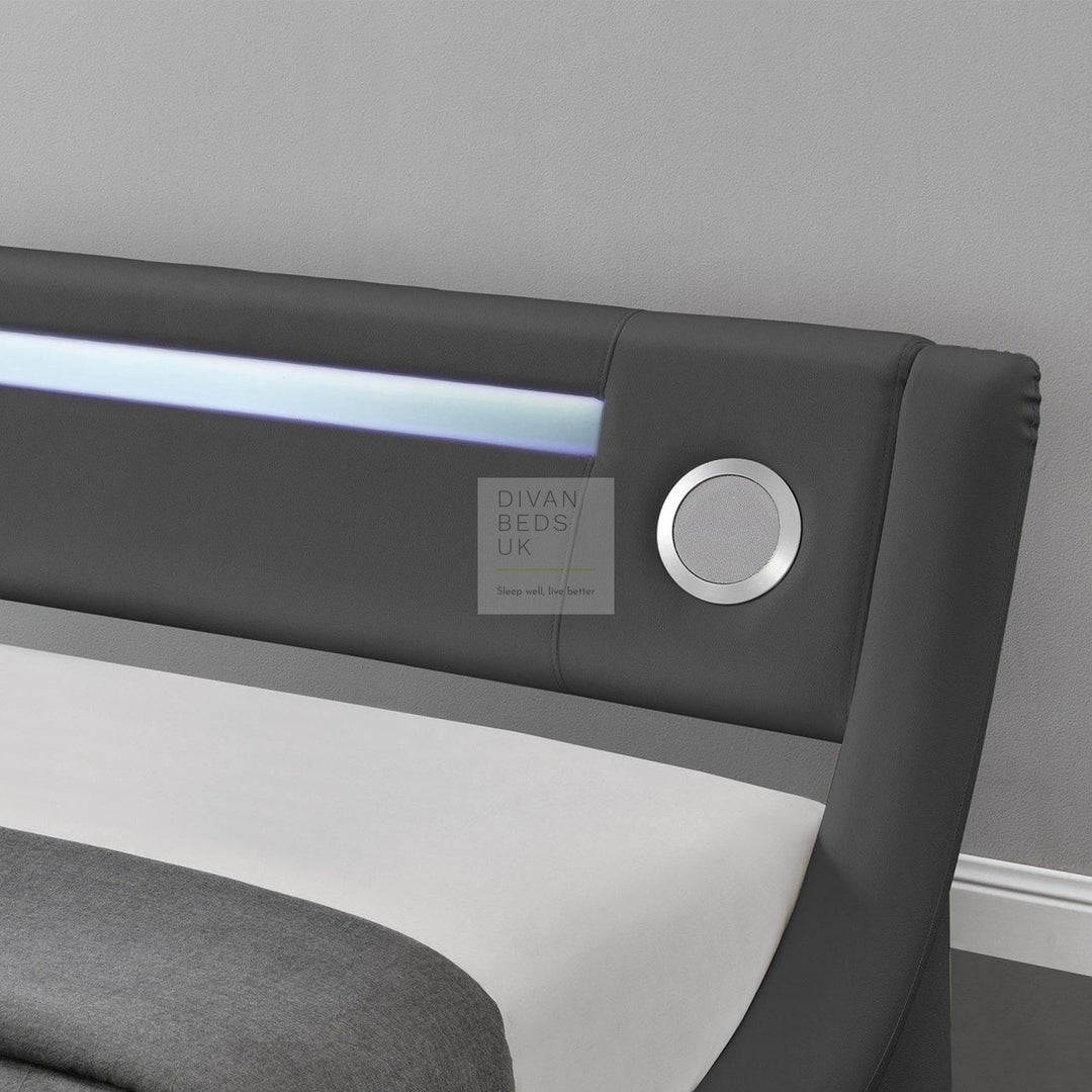 Volo Italian Modern LED Grey Leather Bed with Bluetooth Speakers & USB Port