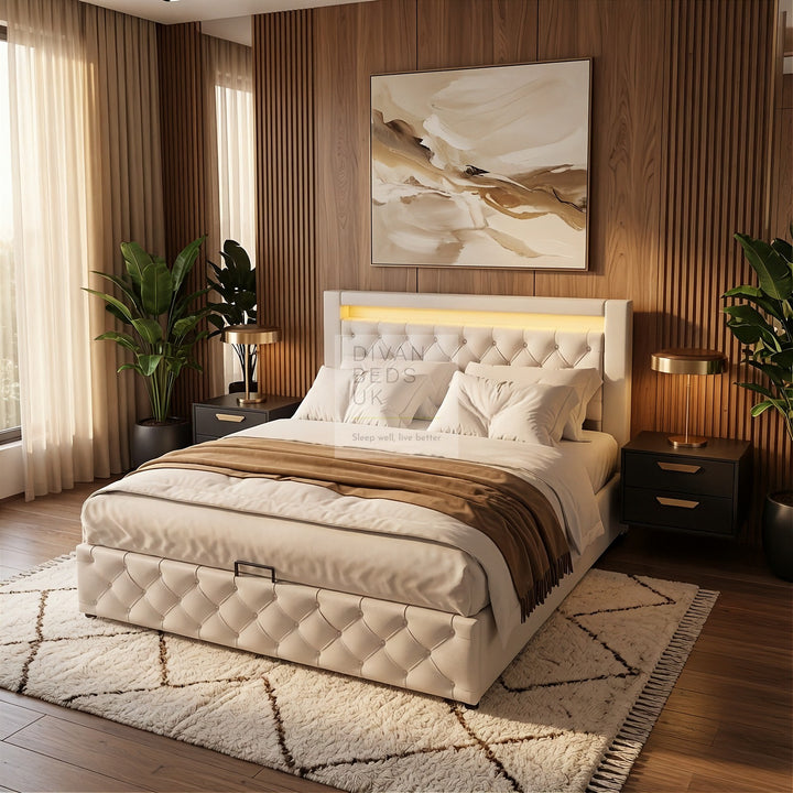 Santiago LED White Leather Ottoman Storage Bed
