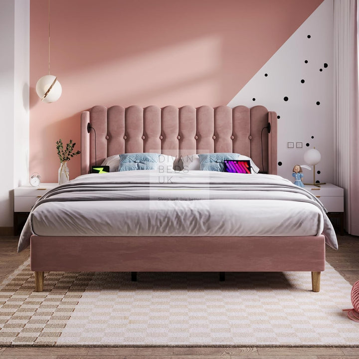 Calabria Wingback Pink Velvet Smart Bed with USB & Type-C Charging Stations on Both Sides
