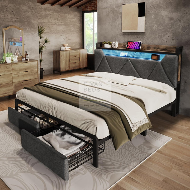 Cagliari Charcoal Grey Linen 2 Drawer Storage Bed with LED Lights, Type C and USB Charging Headboard Storage Shelf