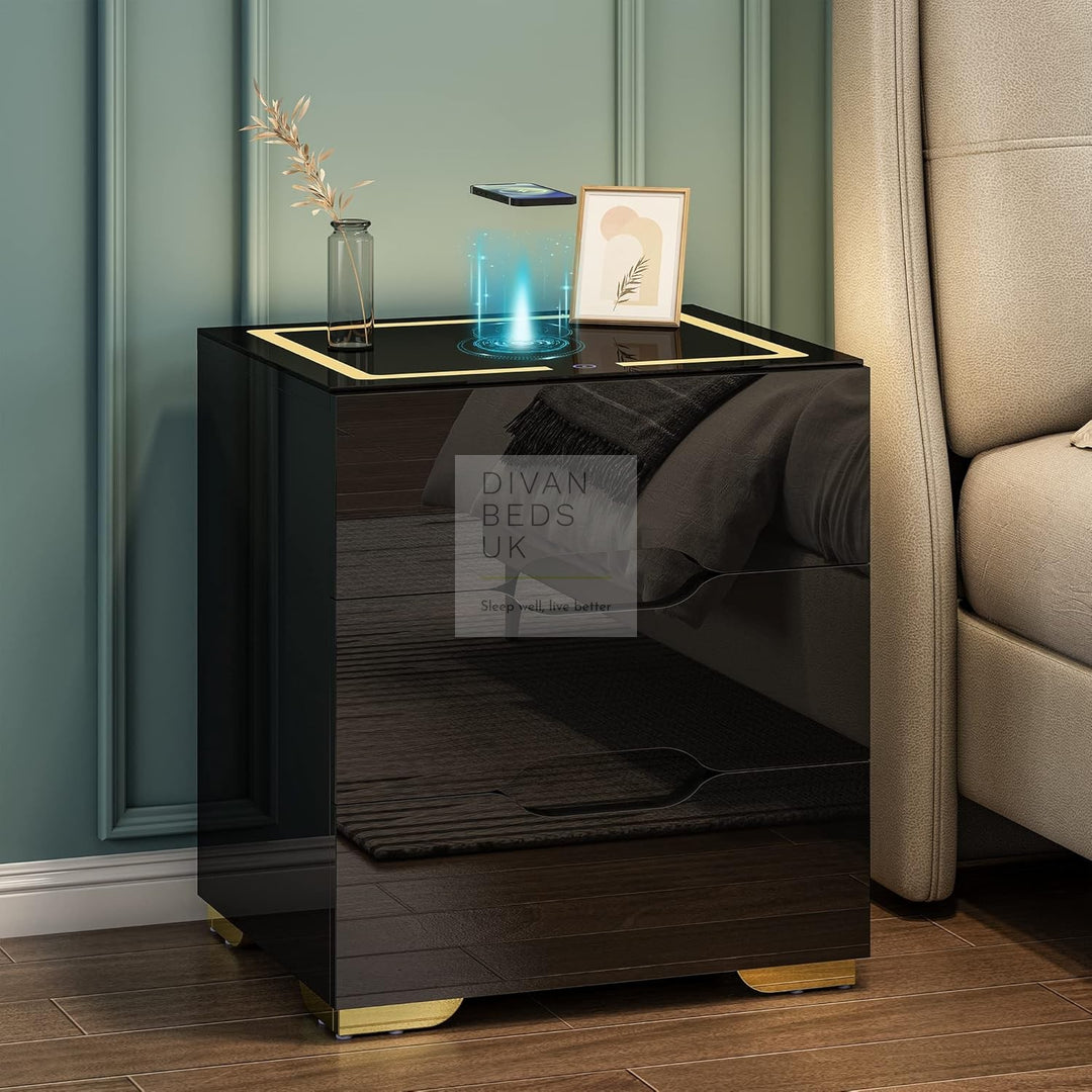 Barrera 3 Drawer Black High Gloss Smart LED Bedside Table with USB and Wireless Charging