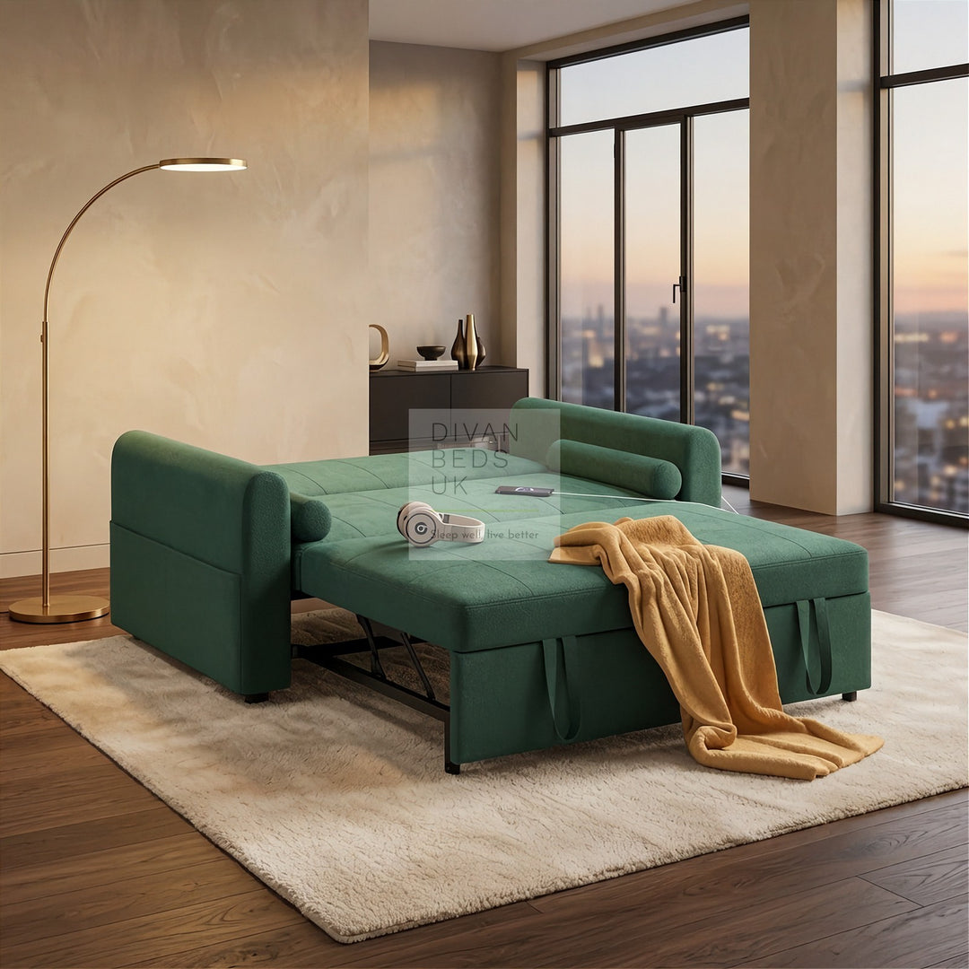 Kimora Green Linen Smart Daybed Sofa Bed with USB & Type C Charging and Matching Pillows
