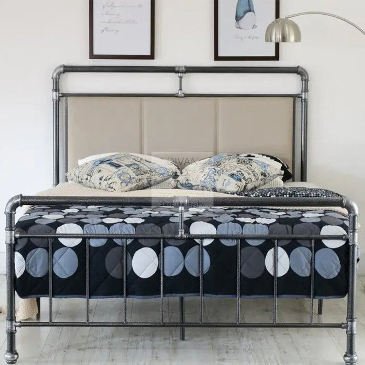 Majesty Grey Scaffold Industrial Metal Bed Frame with Padded Beige Headboard