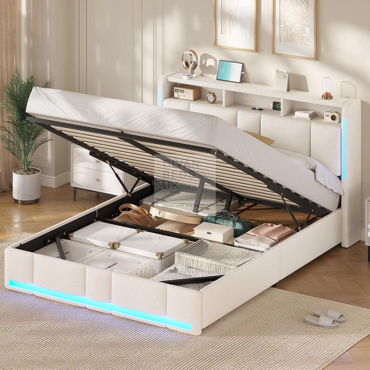 Castellano Beige Linen Ottoman Storage Bed with LED Lights, Type C and USB Charging Headboard Storage Shelf