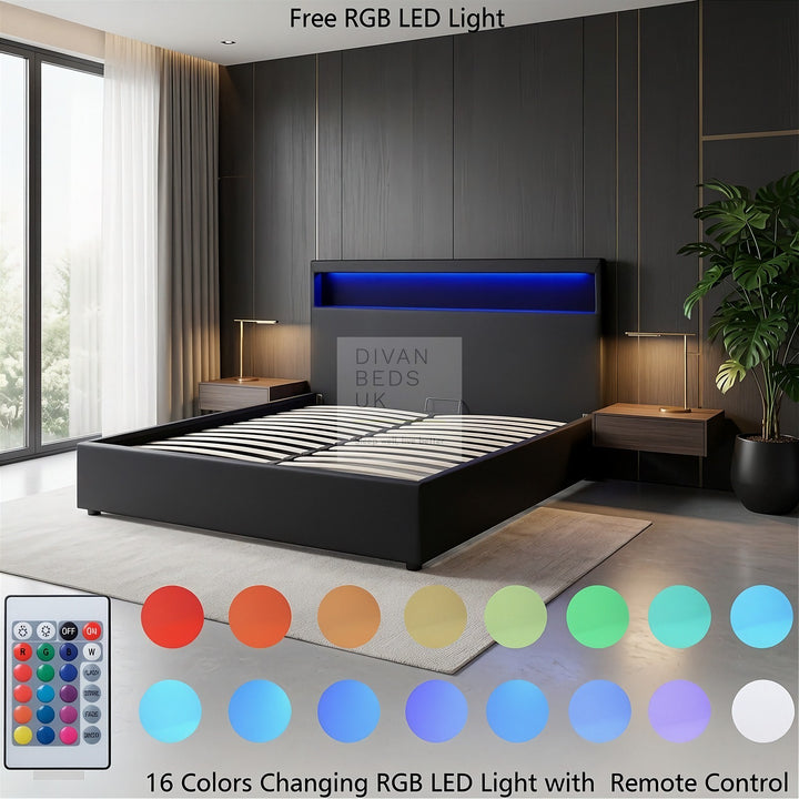 Pia Black Leather LED Ottoman Gas Lift Storage Bed