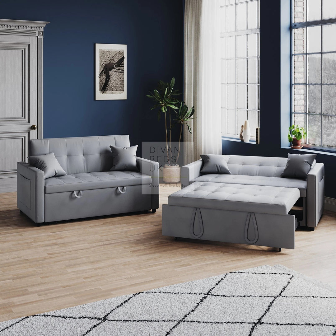 Santana Light Grey Leather Daybed Sofa Bed Couch with Sidepockets & 2 Matching Pillows