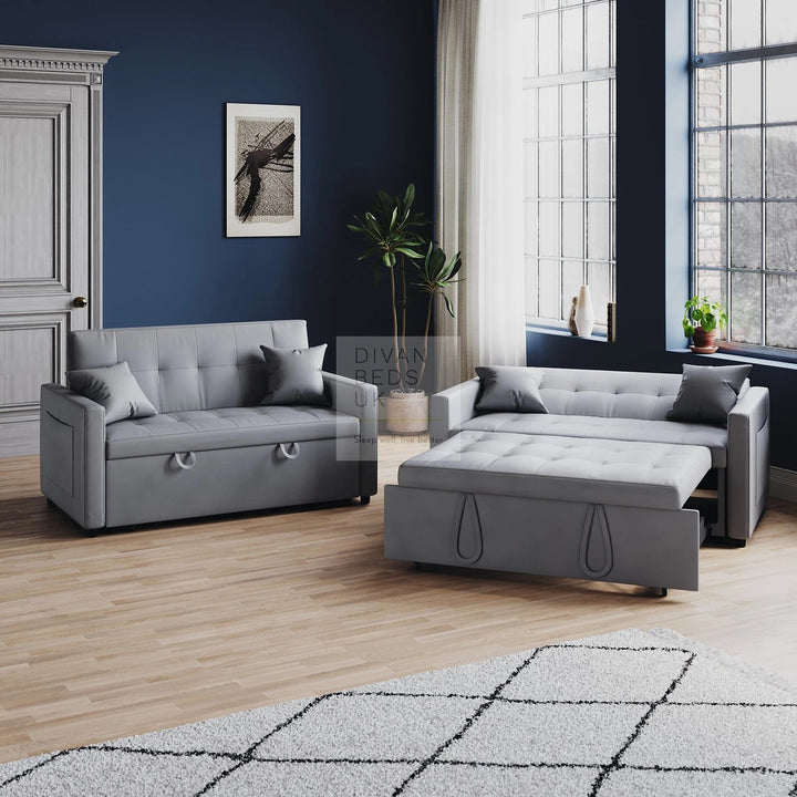 Santana Light Grey Leather Daybed Sofa Bed Couch with Sidepockets & 2 Matching Pillows