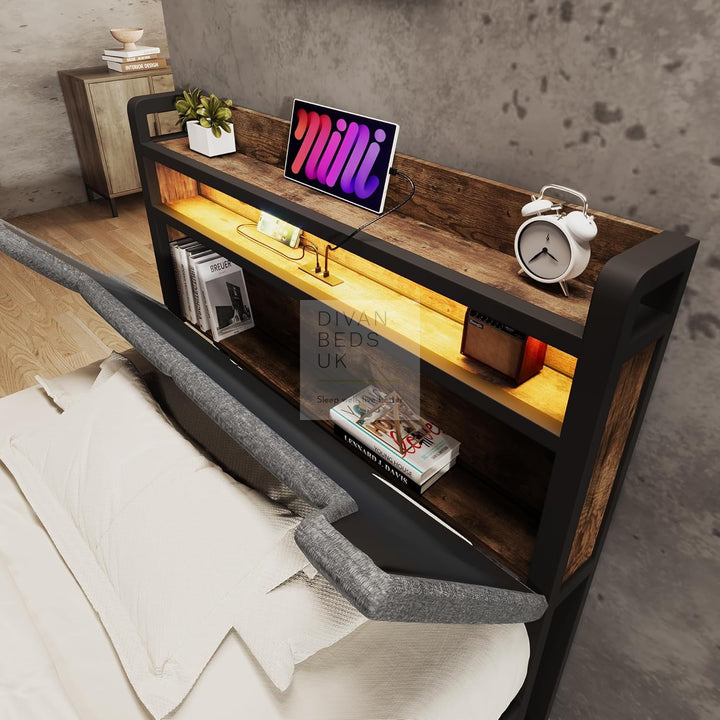 Cagliari Kids Charcoal Grey Linen 2 Drawer Smart Bed with LED Light, Type C and USB Charging Headboard Storage Shelf