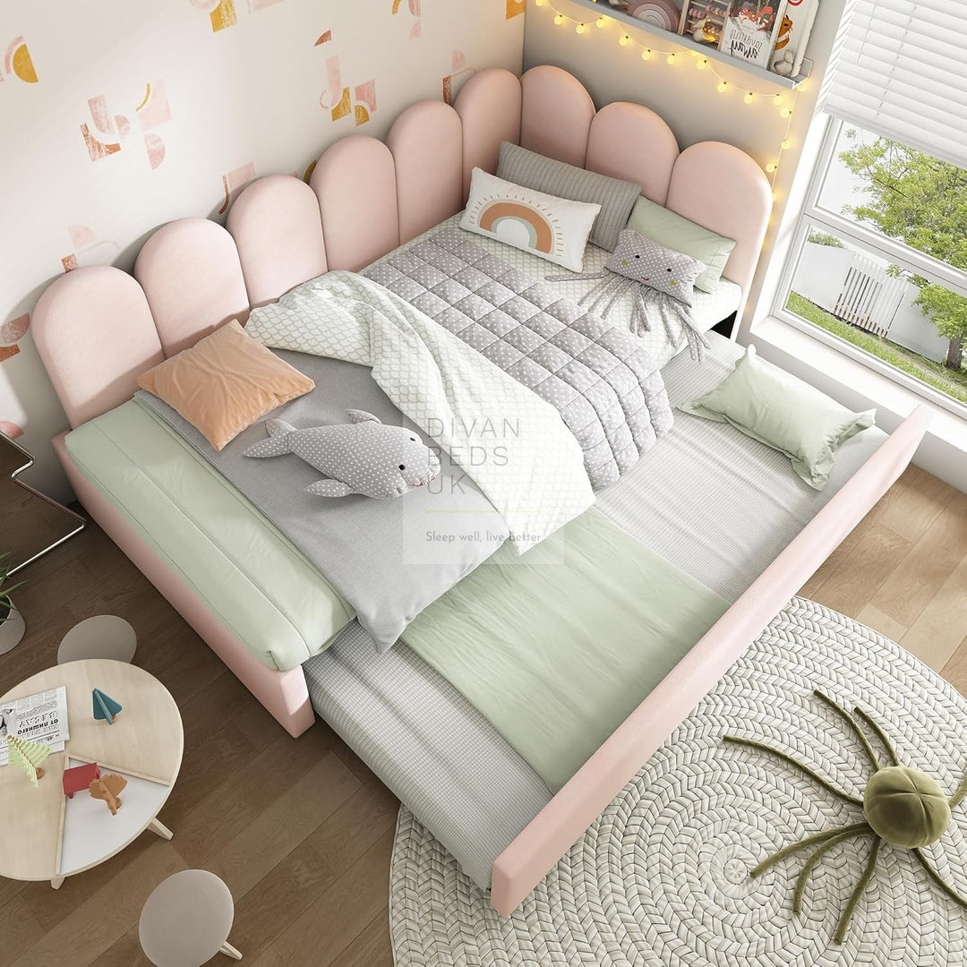 Novara Pink Plush Velvet Convertible Corner 2 Seater Daybed Sofa Bed Couch with Trundle