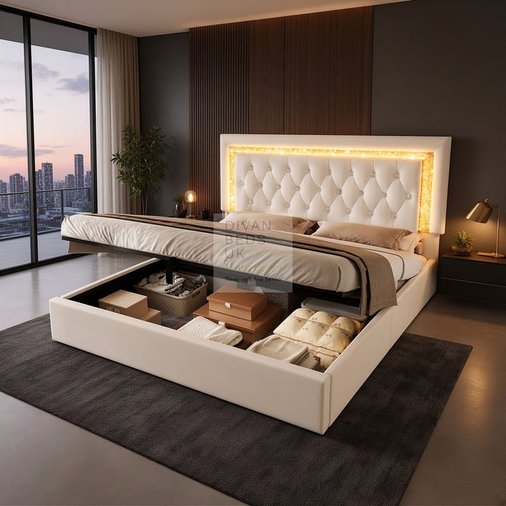Adela Beige Velvet Diamante Crystal Bed Ottoman Storage Smart Bed with Glitter LED Lights, USB and Type-C Charging