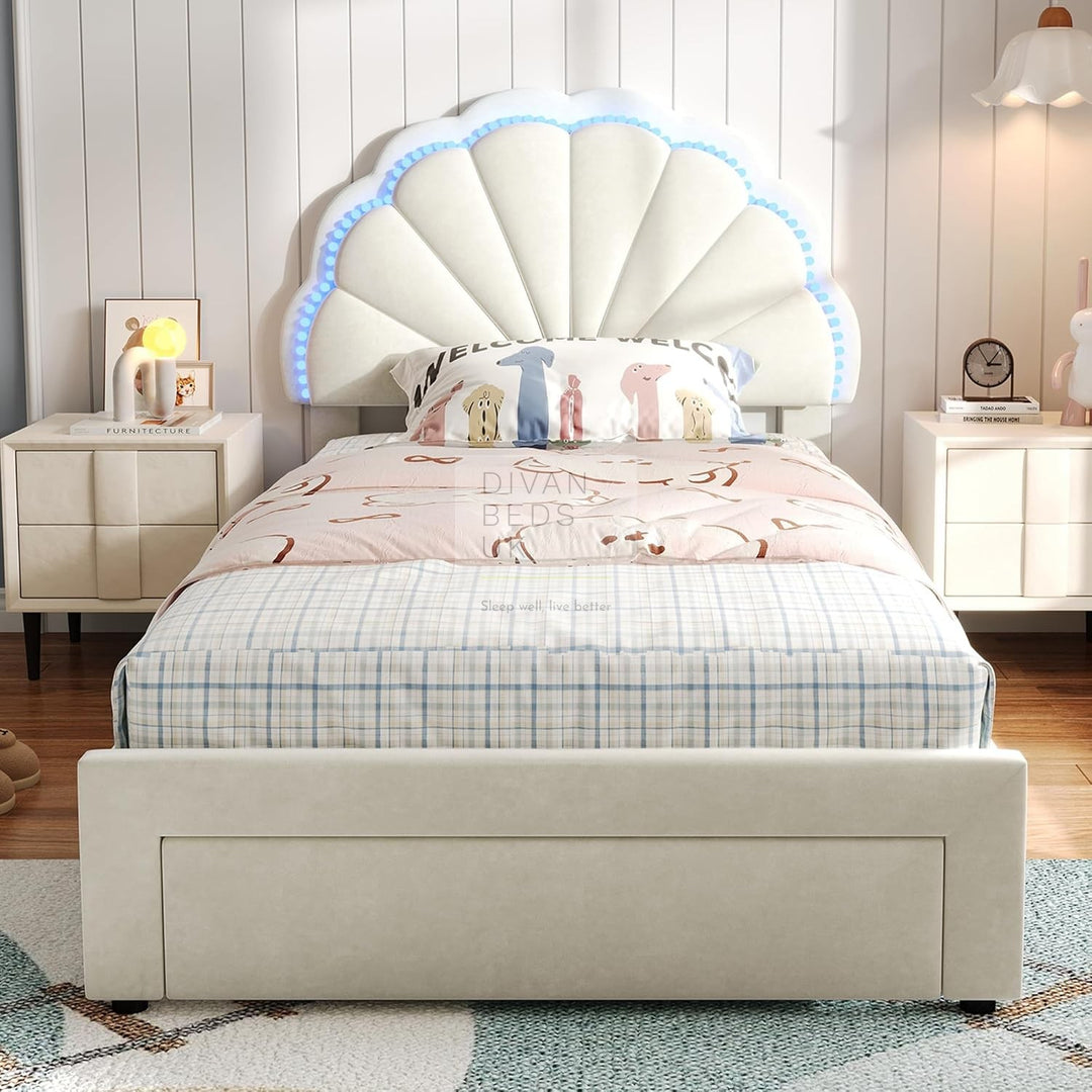 Blossom Kids Beige Off White Velvet LED Bed with End Drawer Storage