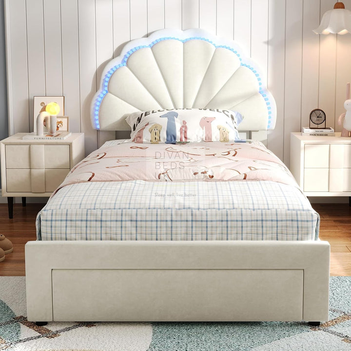 Blossom Kids Beige Off White Velvet LED Bed with End Drawer Storage