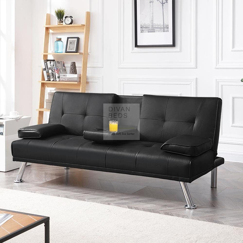 Francesca Black Leather Sofa Bed with Pillows and Cupholders